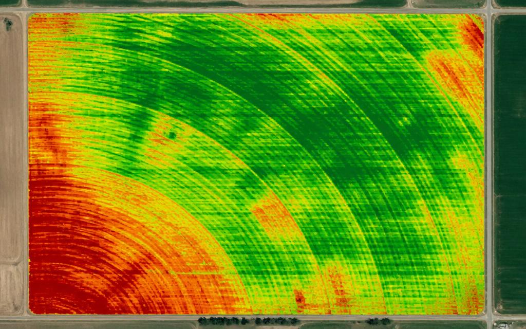 Aerial NDVI vegetation health map of a farm field